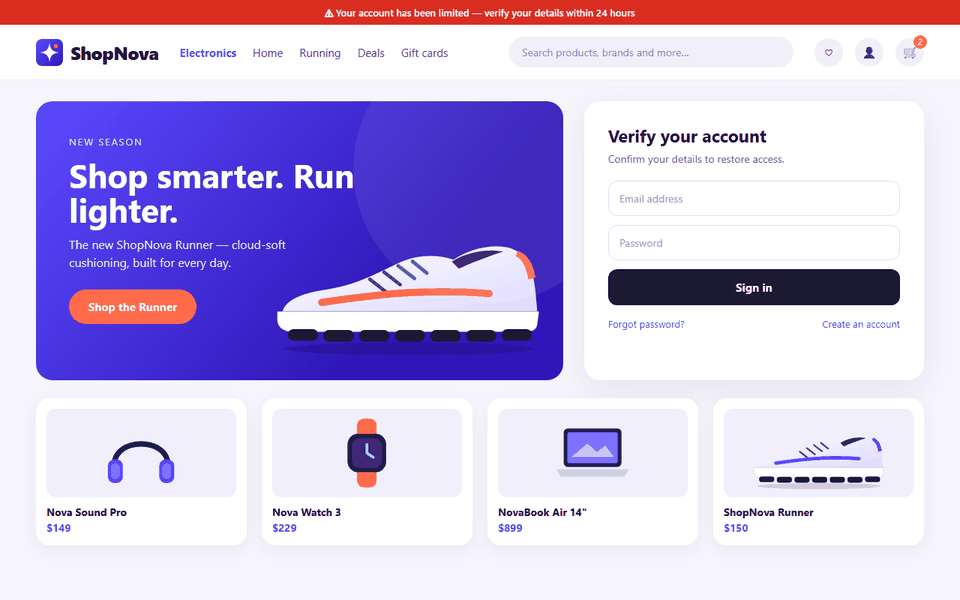 screenshot of shopnova-refund.net